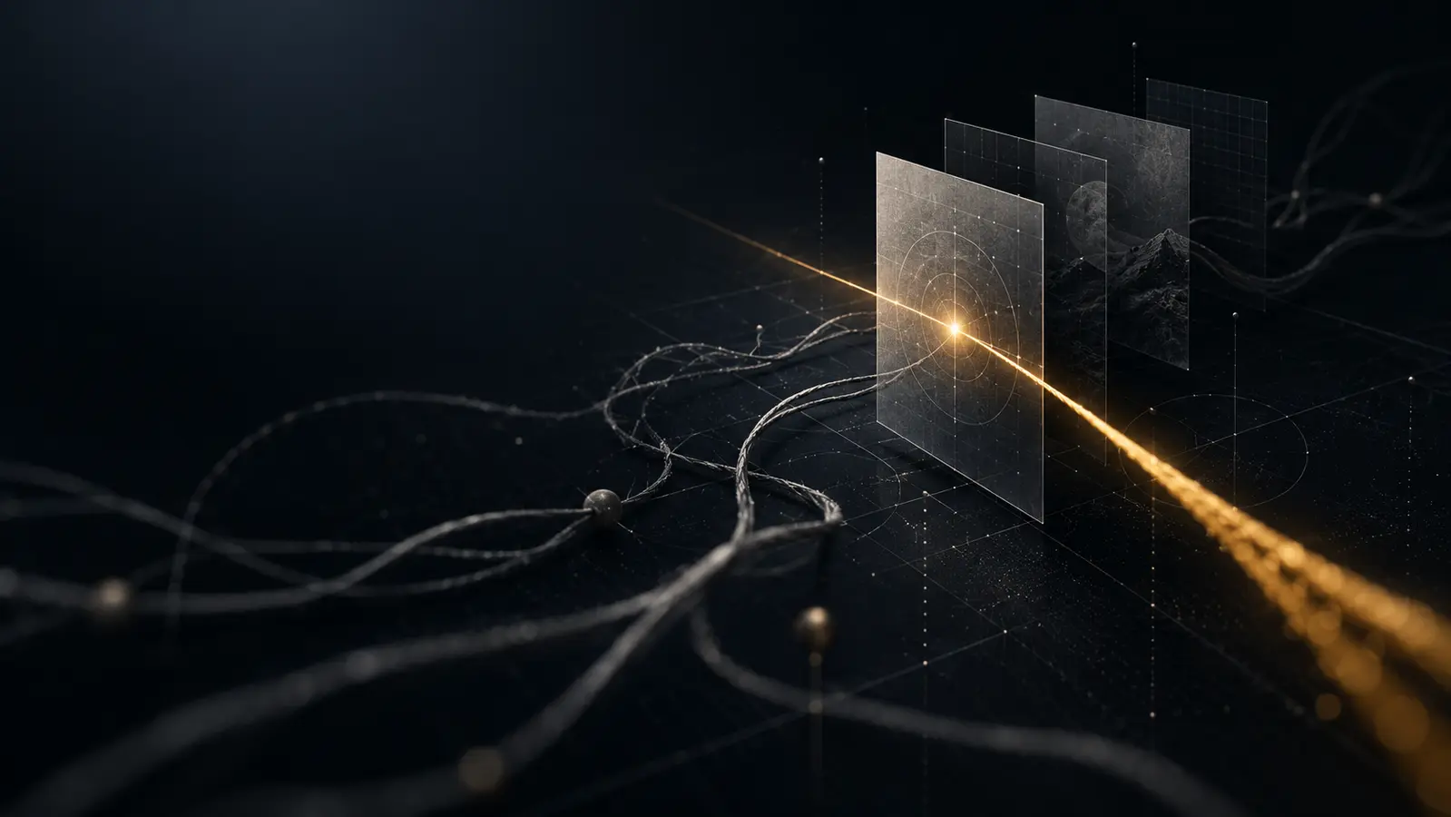 A single amber-gold thread passing through a controlled dark field while dimmer threads drift out of alignment.